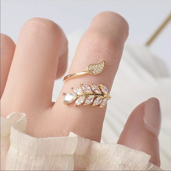 14K Gold Plated Diamond Leaf Ring - Picture 1 of 9
